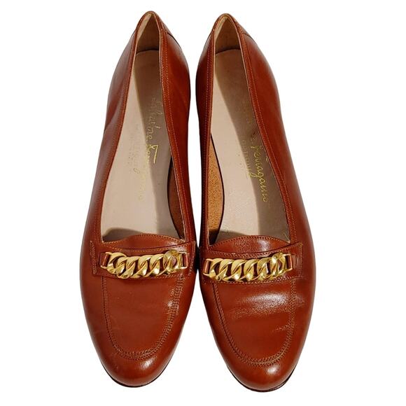 Salvatore Ferragamo Loafers Low Heel Pumps Gold Chain Detail Brown Womens Size 7 - Picture 2 of 9
